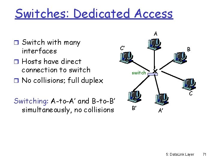 Switches: Dedicated Access r Switch with many interfaces r Hosts have direct connection to Switches: Dedicated Access r Switch with many interfaces r Hosts have direct connection to