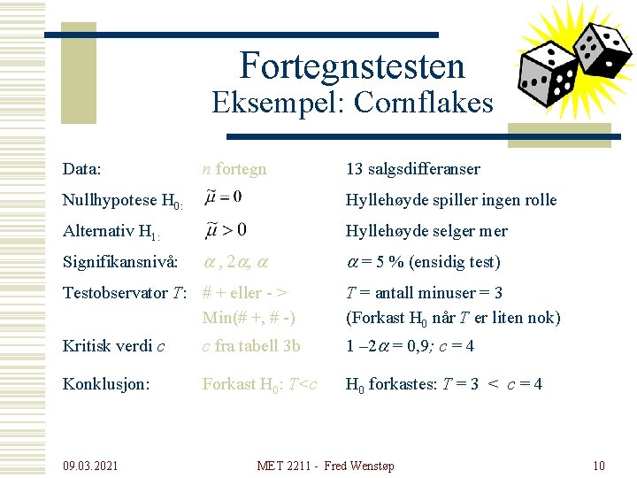 Fortegnstesten Eksempel: Cornflakes Data: n fortegn 13 salgsdifferanser Nullhypotese H 0: Hyllehøyde spiller ingen