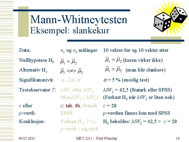 Mann-Whitneytesten Eksempel: slankekur Data: n 1 og n 2 målinger 10 vekter før og