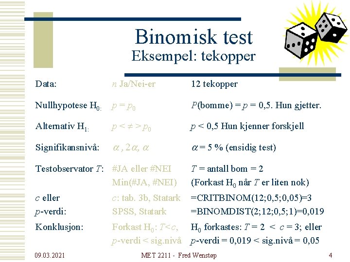 Binomisk test Eksempel: tekopper Data: n Ja/Nei-er 12 tekopper Nullhypotese H 0: p =