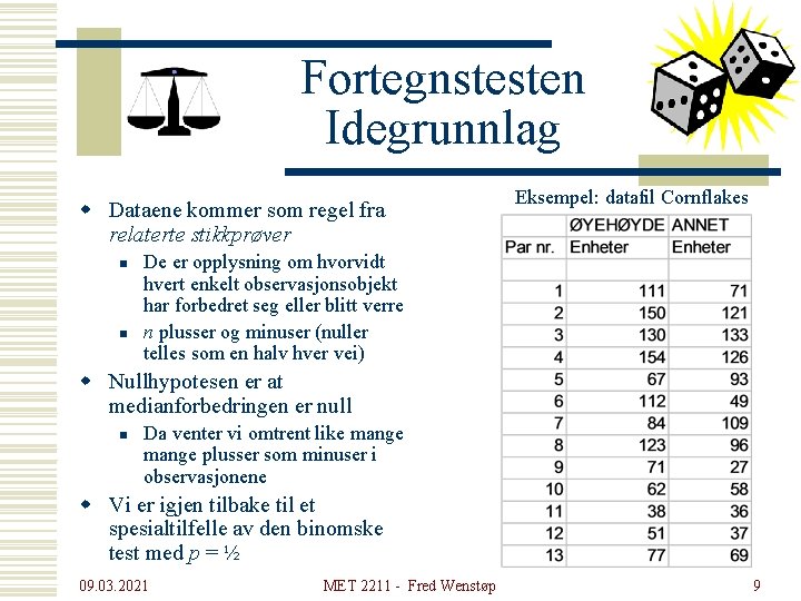 Fortegnstesten Idegrunnlag w Dataene kommer som regel fra relaterte stikkprøver n n Eksempel: datafil