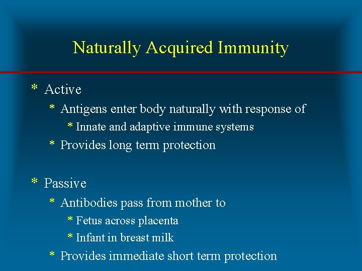 Naturally Acquired Immunity * Active * Antigens enter body naturally with response of *