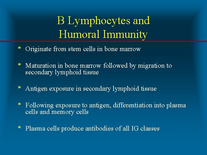 B Lymphocytes and Humoral Immunity * Originate from stem cells in bone marrow *