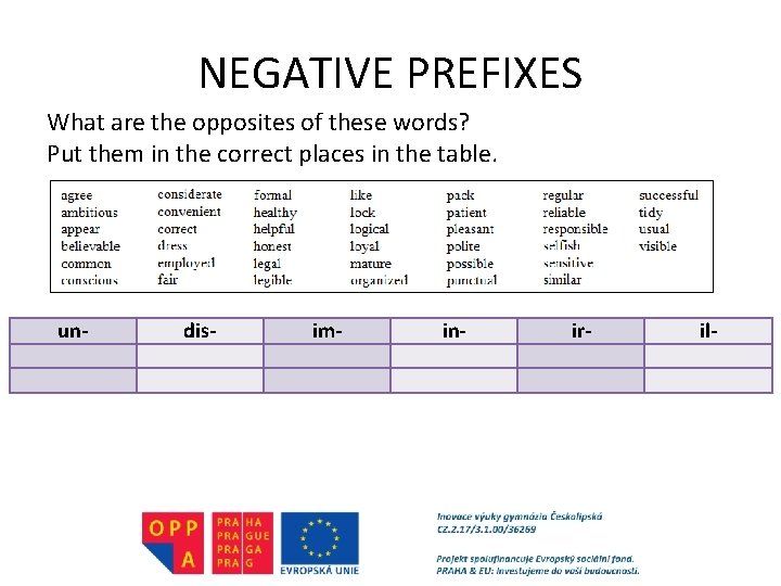 NEGATIVE PREFIXES What are the opposites of these words? Put them in the correct
