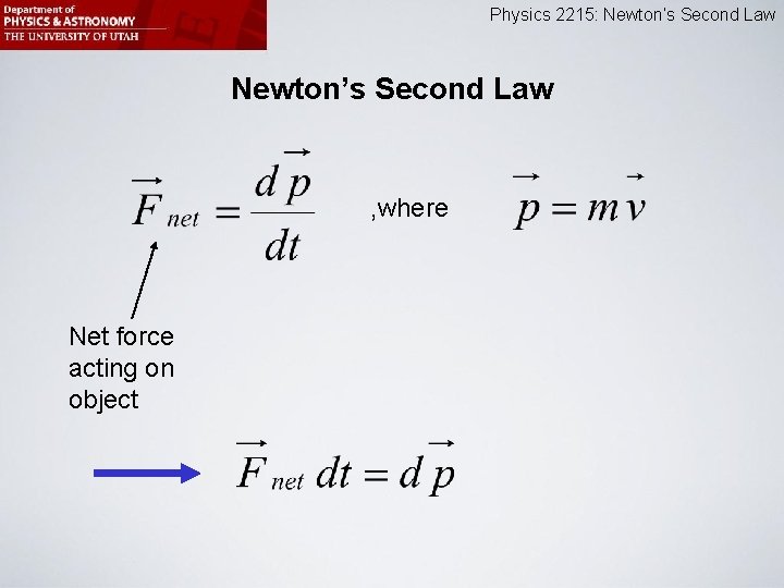 Physics 2215: Newton’s Second Law , where Net force acting on object 