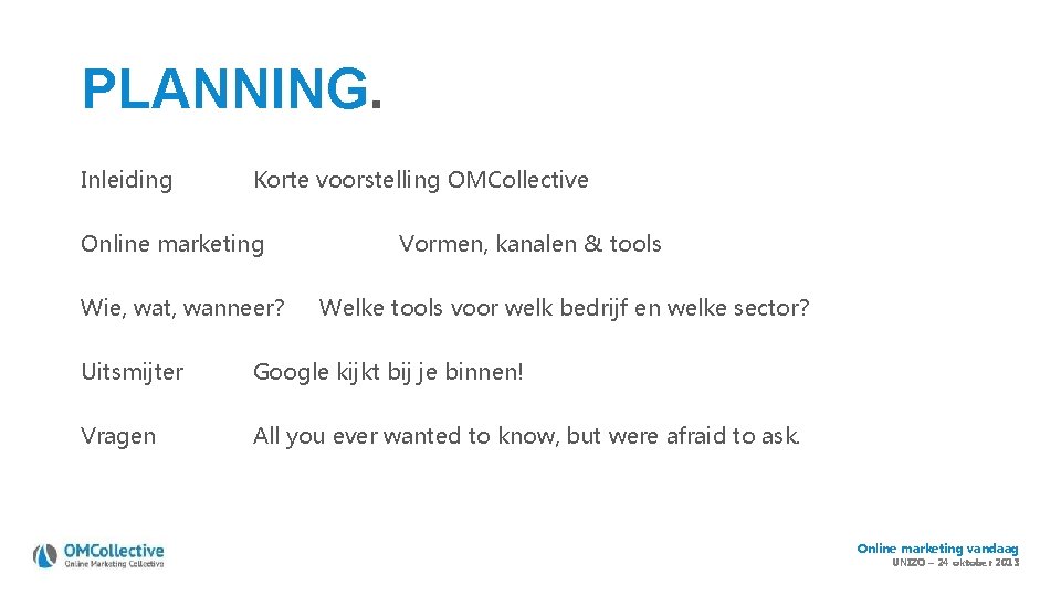 PLANNING. Inleiding Korte voorstelling OMCollective Online marketing Wie, wat, wanneer? Vormen, kanalen & tools