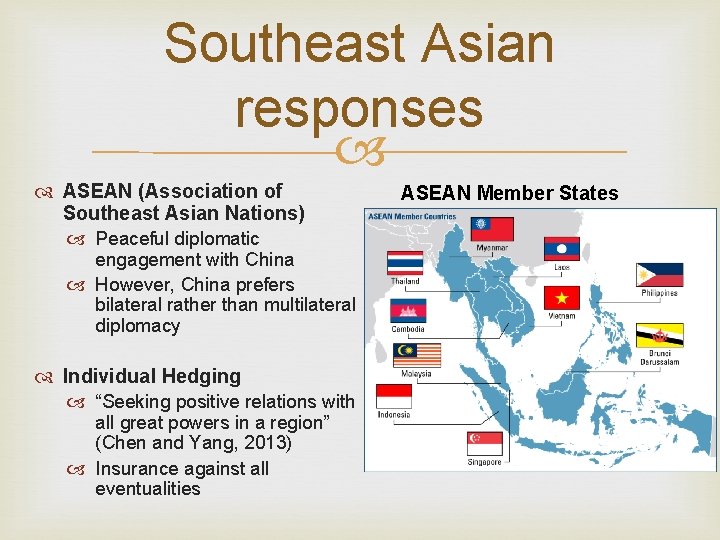 Southeast Asian responses ASEAN (Association of Southeast Asian Nations) Peaceful diplomatic engagement with China