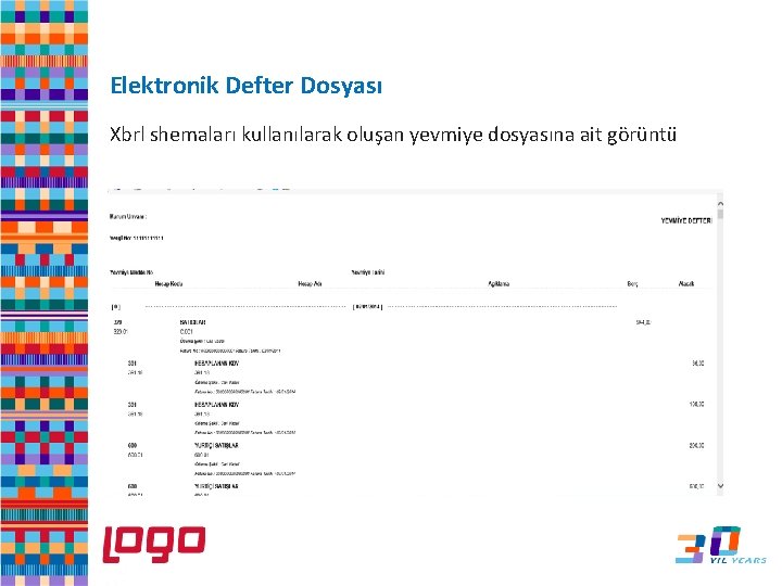 e-Defter Elektronik Defter Dosyası Xbrl shemaları kullanılarak oluşan yevmiye dosyasına ait görüntü 