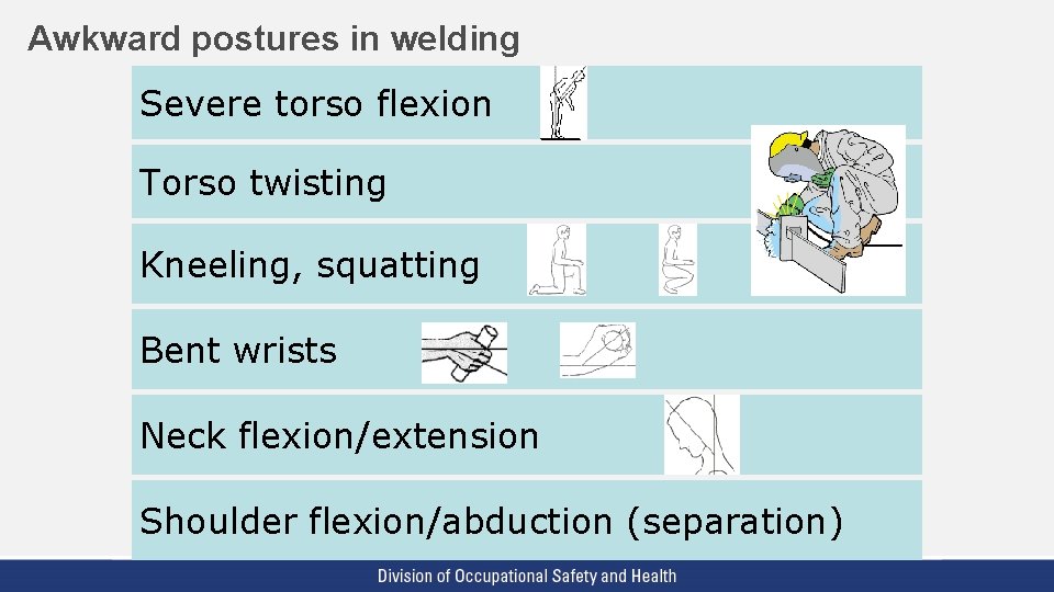 Awkward postures in welding Severe torso flexion Torso twisting Kneeling, squatting Bent wrists Neck Awkward postures in welding Severe torso flexion Torso twisting Kneeling, squatting Bent wrists Neck