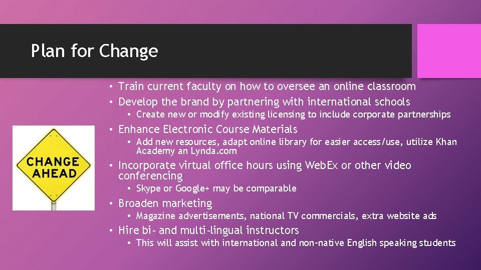 Plan for Change • Train current faculty on how to oversee an online classroom Plan for Change • Train current faculty on how to oversee an online classroom