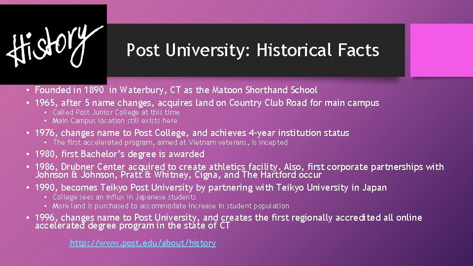 Post University: Historical Facts • Founded in 1890 in Waterbury, CT as the Matoon Post University: Historical Facts • Founded in 1890 in Waterbury, CT as the Matoon