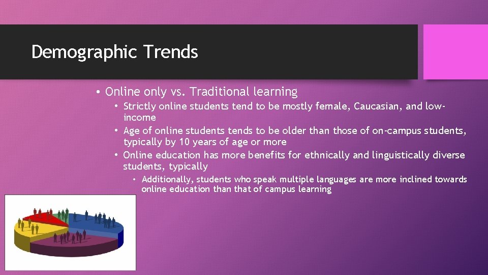 Demographic Trends • Online only vs. Traditional learning • Strictly online students tend to Demographic Trends • Online only vs. Traditional learning • Strictly online students tend to