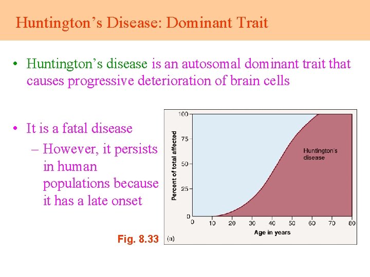 Huntington’s Disease: Dominant Trait • Huntington’s disease is an autosomal dominant trait that causes