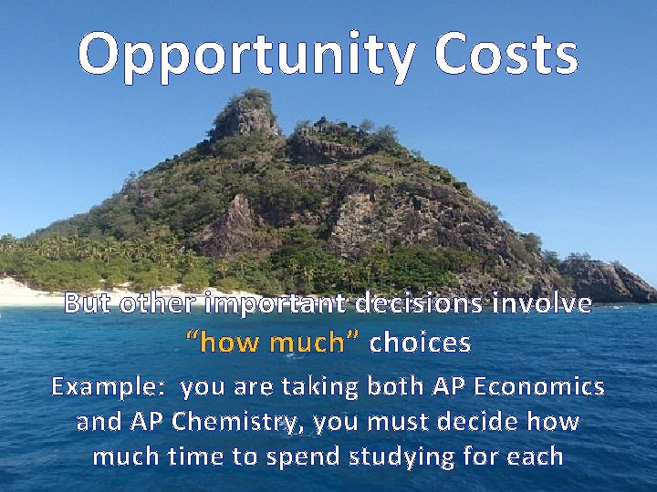 Opportunity Costs But other important decisions involve “how much” choices Example: you are taking