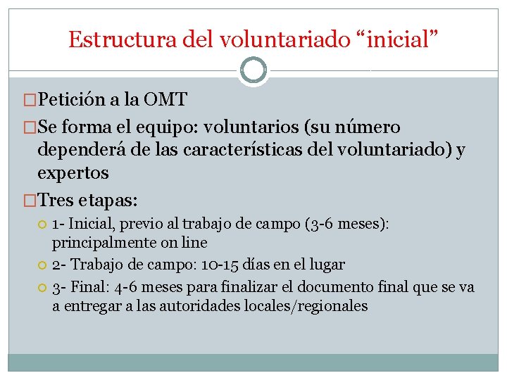 Estructura del voluntariado “inicial” �Petición a la OMT �Se forma el equipo: voluntarios (su