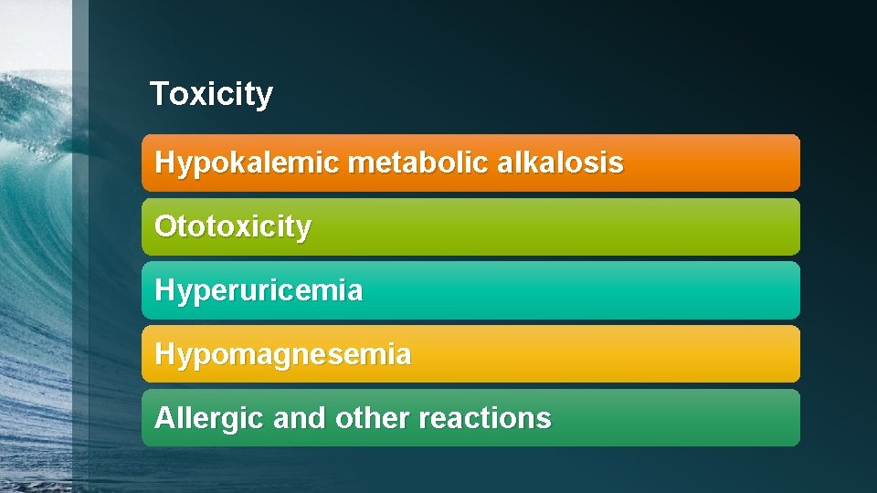 Toxicity Hypokalemic metabolic alkalosis Ototoxicity Hyperuricemia Hypomagnesemia Allergic and other reactions 