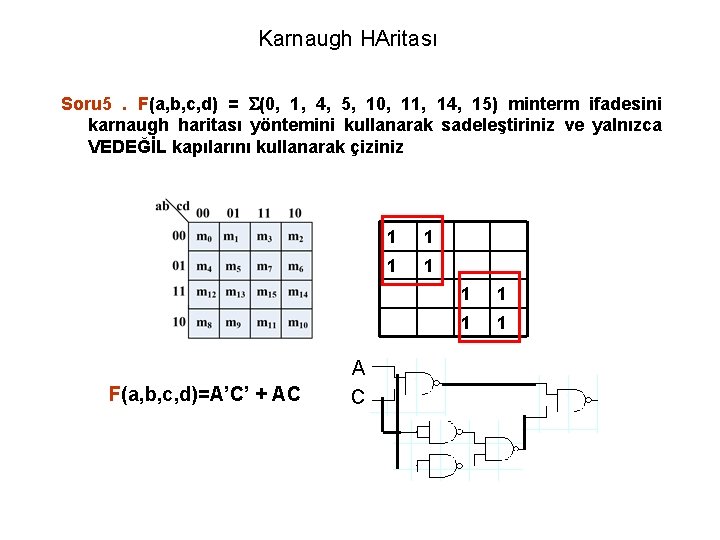 Karnaugh HAritası Soru 5. F(a, b, c, d) = (0, 1, 4, 5, 10,