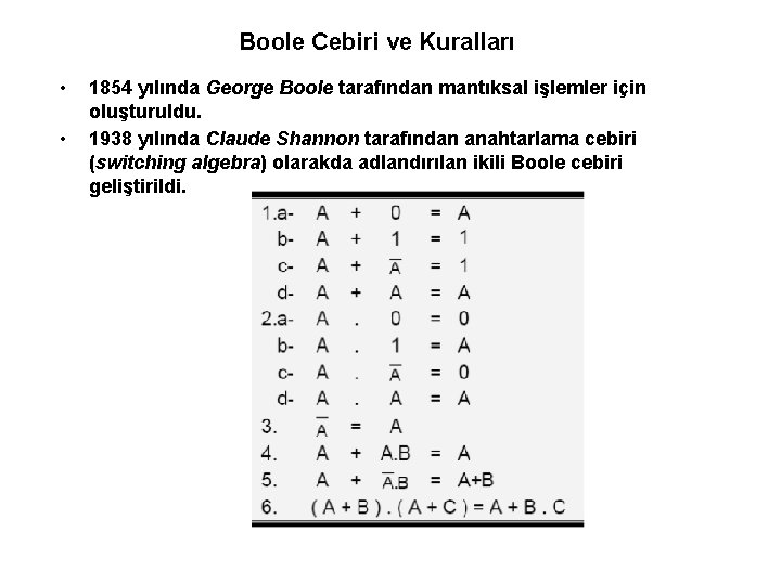 Boole Cebiri ve Kuralları • • 1854 yılında George Boole tarafından mantıksal işlemler için