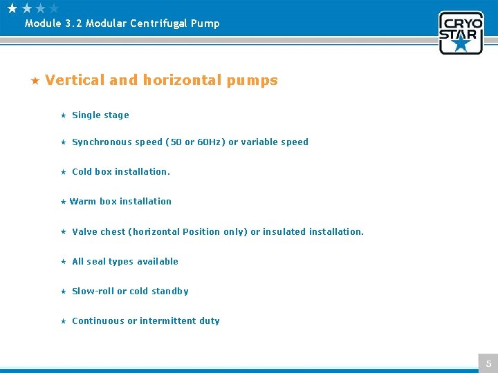 Module 3. 2 Modular Centrifugal Pump Vertical and horizontal pumps Single stage Synchronous speed