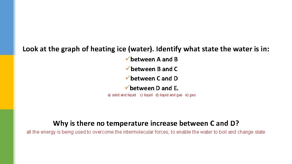 Look at the graph of heating ice (water). Identify what state the water is