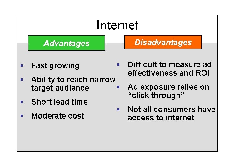 Internet Advantages § Fast growing Disadvantages § Difficult to measure ad effectiveness and ROI