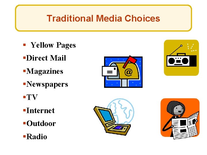 Traditional Media Choices § Yellow Pages §Direct Mail §Magazines §Newspapers §TV §Internet §Outdoor §Radio