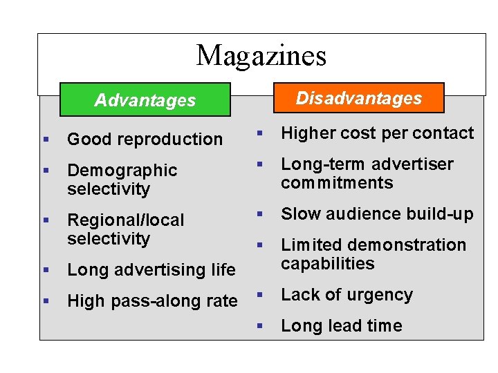 Magazines Advantages Disadvantages § Good reproduction § Higher cost per contact § Demographic selectivity