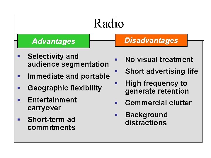 Radio Disadvantages Advantages § Selectivity and § audience segmentation § § Immediate and portable