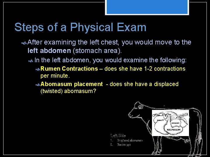 Steps of a Physical Exam After examining the left chest, you would move to Steps of a Physical Exam After examining the left chest, you would move to