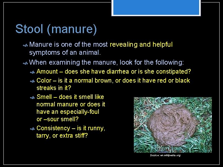 Stool (manure) Manure is one of the most revealing and helpful symptoms of an Stool (manure) Manure is one of the most revealing and helpful symptoms of an