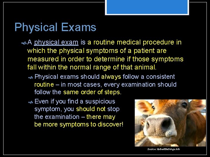 Physical Exams A physical exam is a routine medical procedure in which the physical Physical Exams A physical exam is a routine medical procedure in which the physical