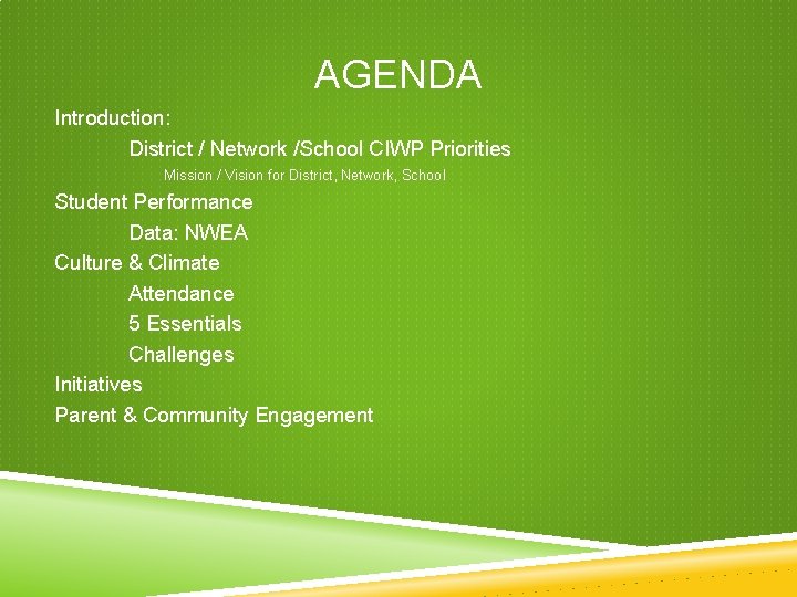 AGENDA Introduction: District / Network /School CIWP Priorities Mission / Vision for District, Network, AGENDA Introduction: District / Network /School CIWP Priorities Mission / Vision for District, Network,