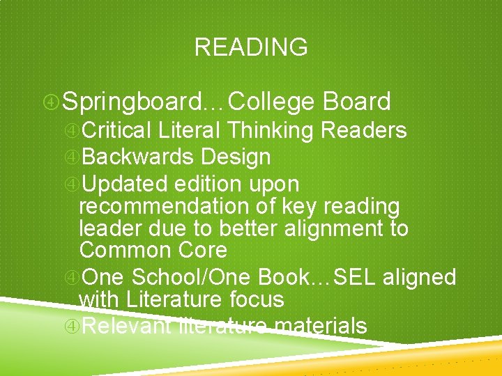 READING Springboard…College Board Critical Literal Thinking Readers Backwards Design Updated edition upon recommendation of READING Springboard…College Board Critical Literal Thinking Readers Backwards Design Updated edition upon recommendation of