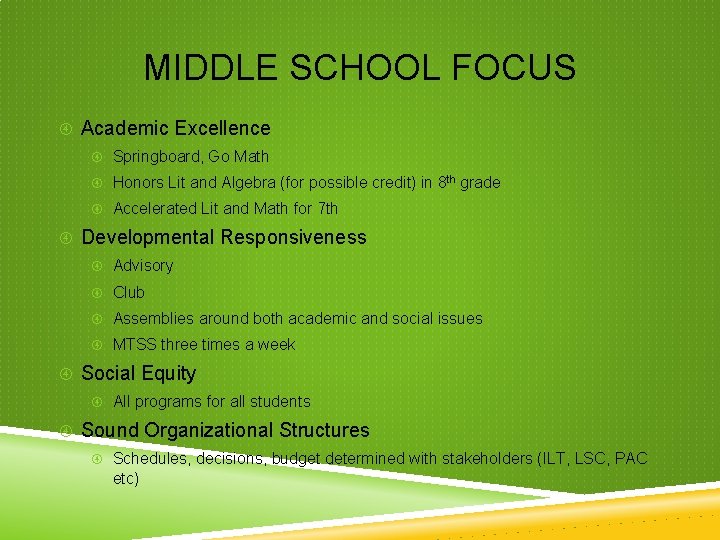 MIDDLE SCHOOL FOCUS Academic Excellence Springboard, Go Math Honors Lit and Algebra (for possible MIDDLE SCHOOL FOCUS Academic Excellence Springboard, Go Math Honors Lit and Algebra (for possible