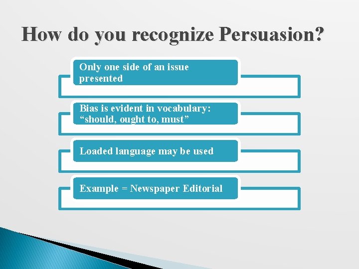 How do you recognize Persuasion? Only one side of an issue presented Bias is