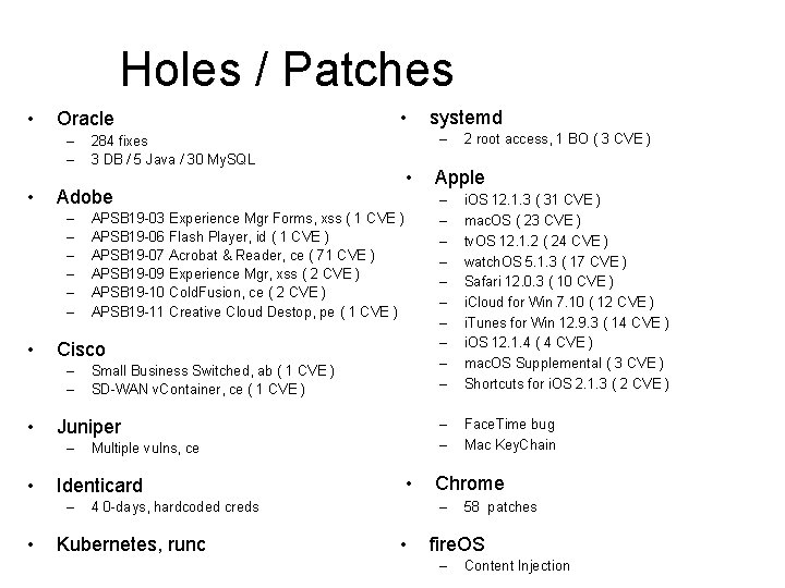 Holes / Patches • Oracle – – • • Small Business Switched, ab (