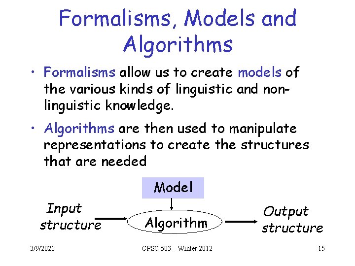 Formalisms, Models and Algorithms • Formalisms allow us to create models of the various Formalisms, Models and Algorithms • Formalisms allow us to create models of the various