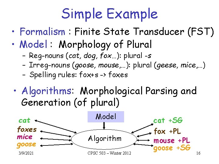 Simple Example • Formalism : Finite State Transducer (FST) • Model : Morphology of Simple Example • Formalism : Finite State Transducer (FST) • Model : Morphology of