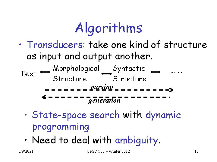 Algorithms • Transducers: take one kind of structure as input and output another. Text Algorithms • Transducers: take one kind of structure as input and output another. Text