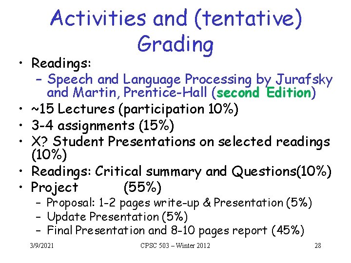 Activities and (tentative) Grading • Readings: – Speech and Language Processing by Jurafsky and Activities and (tentative) Grading • Readings: – Speech and Language Processing by Jurafsky and