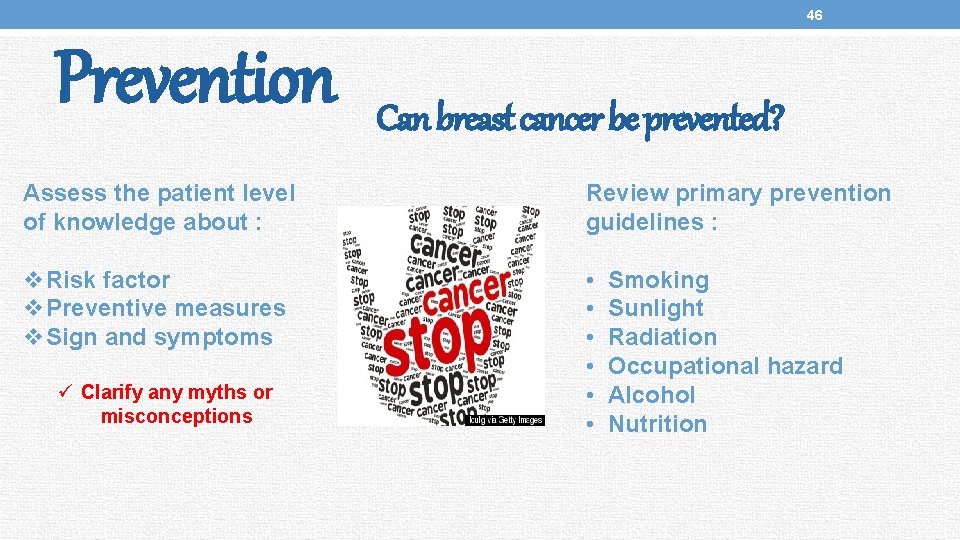 46 Prevention Can breast cancer be prevented? Assess the patient level of knowledge about