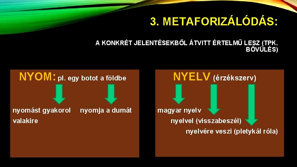 3. METAFORIZÁLÓDÁS: A KONKRÉT JELENTÉSEKBŐL ÁTVITT ÉRTELMŰ LESZ (TPK. BŐVÜLÉS) NYOM: pl. egy botot