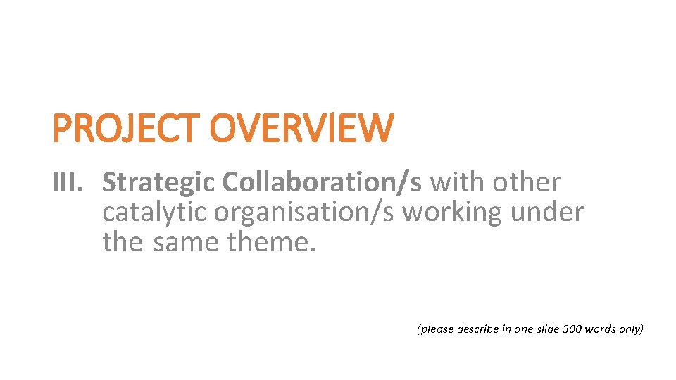 PROJECT OVERVIEW III. Strategic Collaboration/s with other catalytic organisation/s working under the same theme.