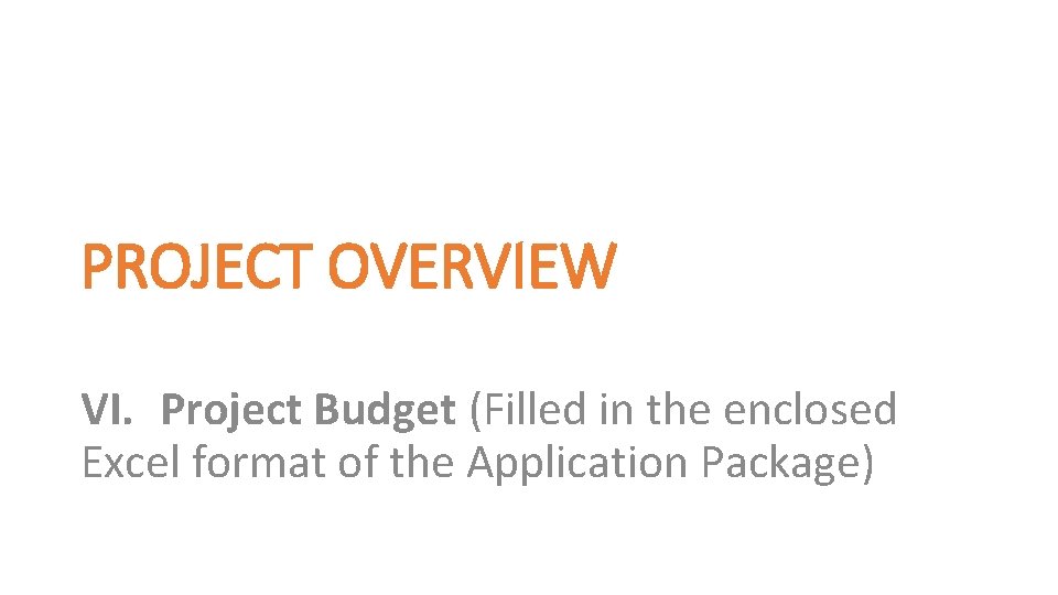 PROJECT OVERVIEW VI. Project Budget (Filled in the enclosed Excel format of the Application