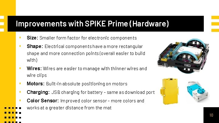 Improvements with SPIKE Prime (Hardware) ▪ ▪ Size: Smaller form factor for electronic components