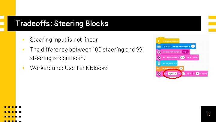 Tradeoffs: Steering Blocks ▪ Steering input is not linear ▪ The difference between 100