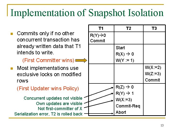 Implementation of Snapshot Isolation n n Commits only if no other concurrent transaction has