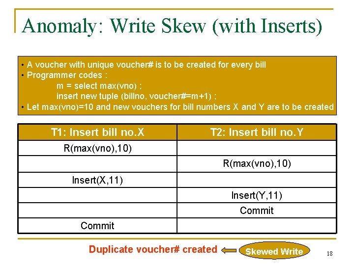 Anomaly: Write Skew (with Inserts) • A voucher with unique voucher# is to be