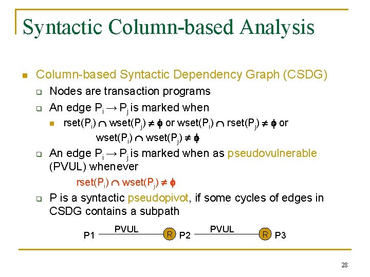 Syntactic Column-based Analysis n Column-based Syntactic Dependency Graph (CSDG) q q Nodes are transaction