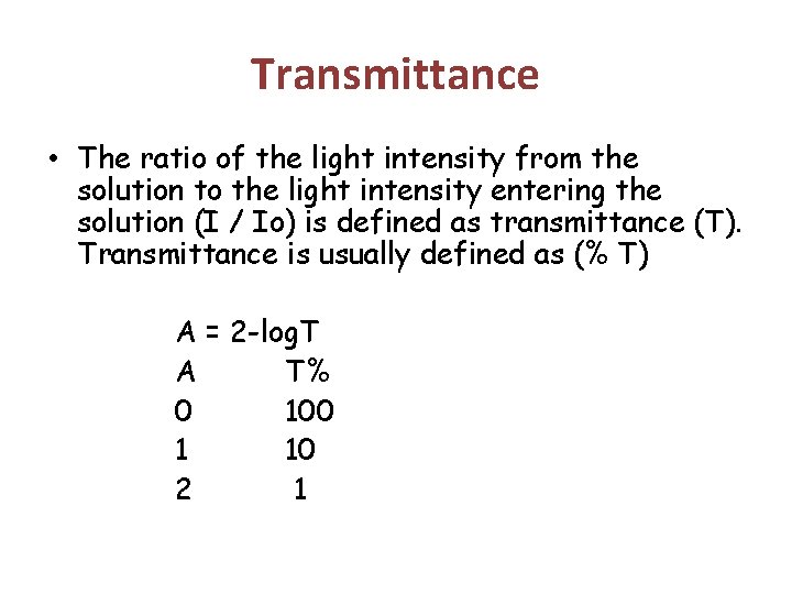 Transmittance • The ratio of the light intensity from the solution to the light